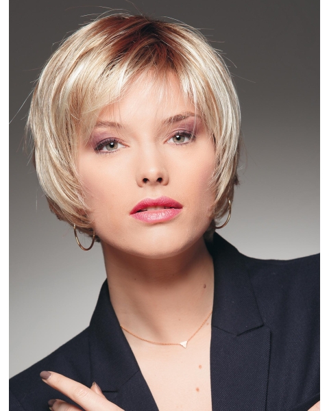 So Great Blonde Short Straight With Bangs Fantastic Lace Front Synthetic Women Wigs