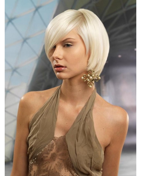 Young Fashion Exquisite Hairstyle Platinum Blonde Smooth Mono Synthetic Women Wigs