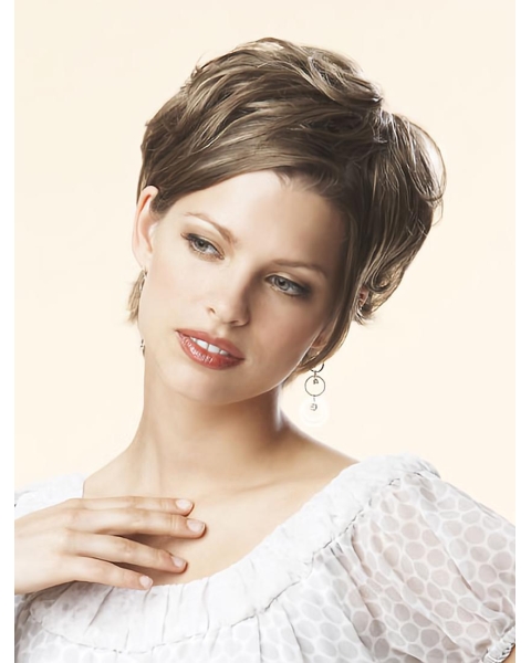 Fabulous Short Straight Brown Layered Mono Synthetic Women Wigs