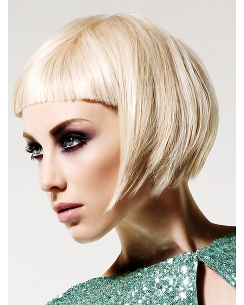 Young Fashion Platinum Blonde Short Straight With Bangs Mono Human Hair Women Wigs