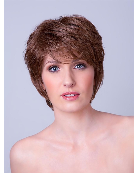 Straight Brown Layered 8" Monofilament Synthetic Ladies Short Hair Wigs