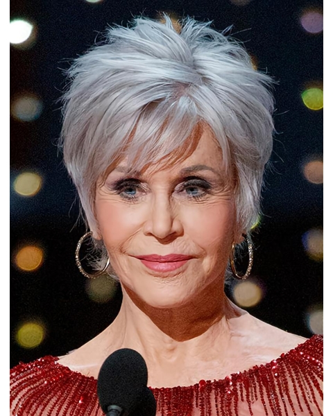 Grey 8" Straight Boycuts Short Jane Fonda Wigs