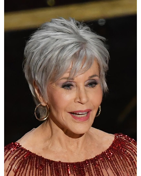 Grey 8" Straight Boycuts Short Jane Fonda Wigs