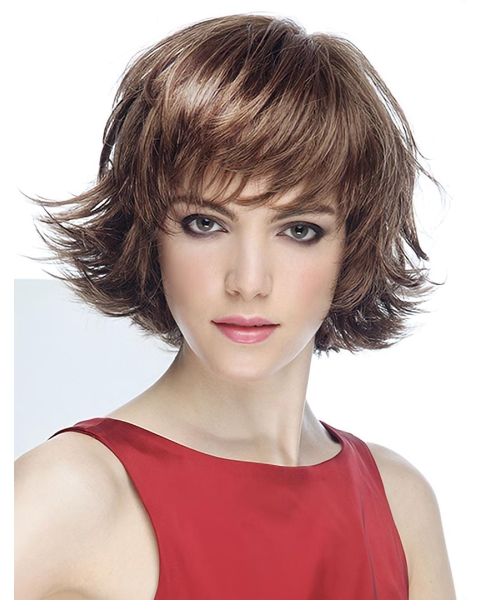 Wavy Short Brown Synthetic With Bangs Mono Wigs