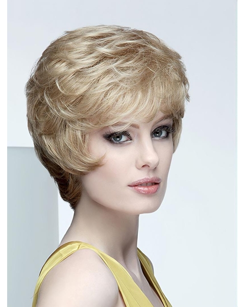 Wavy Short Blonde Synthetic Boycuts Mono Women Wig