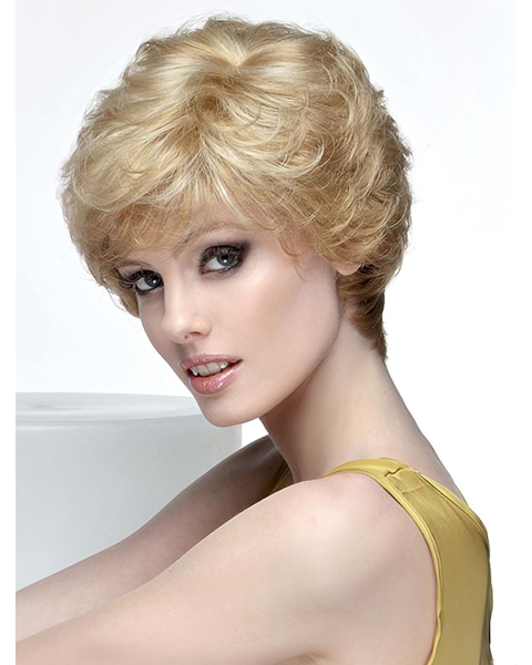 Wavy Short Blonde Monofilament 8" With Bangs Lace Synthetic Women Wig