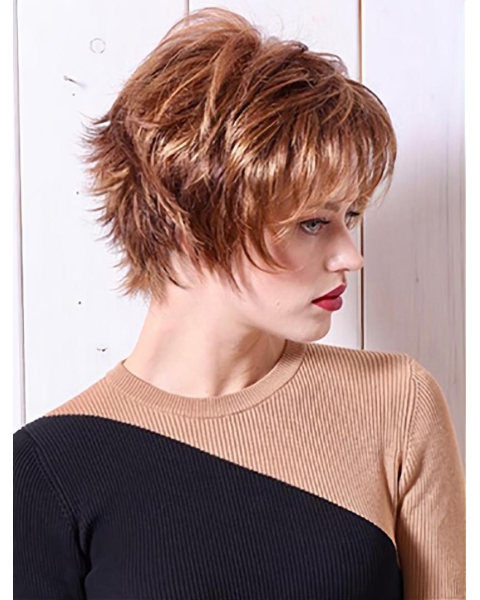 Copper Wavy 8" Short  Layered Monofilament Synthetic Women Wigs