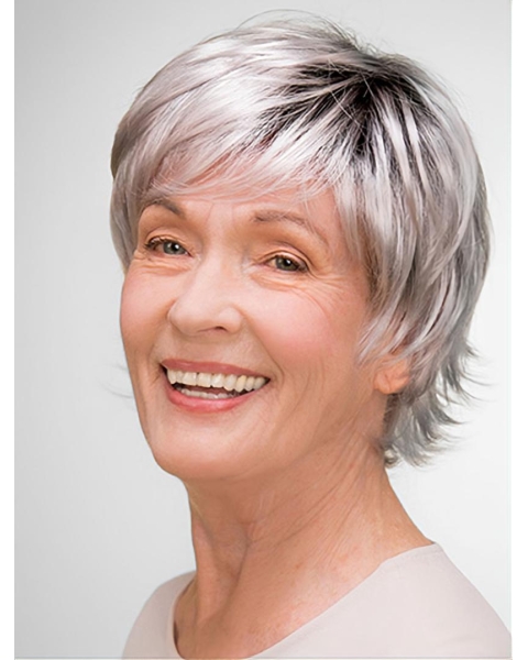 Short 8" 100% Hand-tied Grey Synthetic Layered Elderly Women Wigs