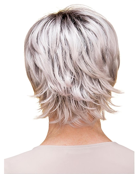 Short 8" 100% Hand-tied Grey Synthetic Layered Elderly Women Wigs