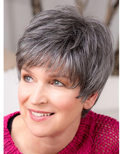 Short 8" Capless Grey Synthetic With Bangs Good Quality Elderly Women Wigs