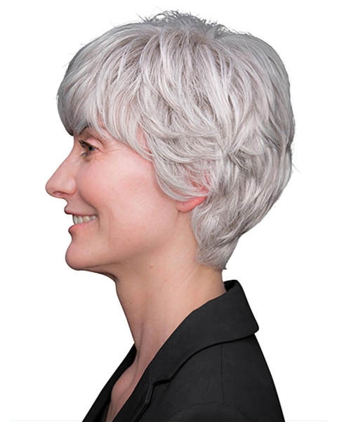 Short 8" 100% Hand-tied Grey Remy Human Hair Layered Wigs For Elderly Lady