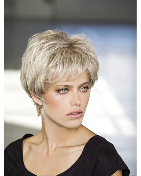 Layered Synthetic Platinum Blonde Wavy 8" Monofilament Wigs For Women