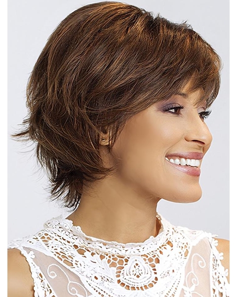 8" Wavy Brown  Short With Bangs Monofilament Synthetic Women Wigs