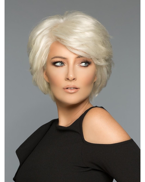 Wavy White Layered Short Monofilament Human Hair Women Wigs