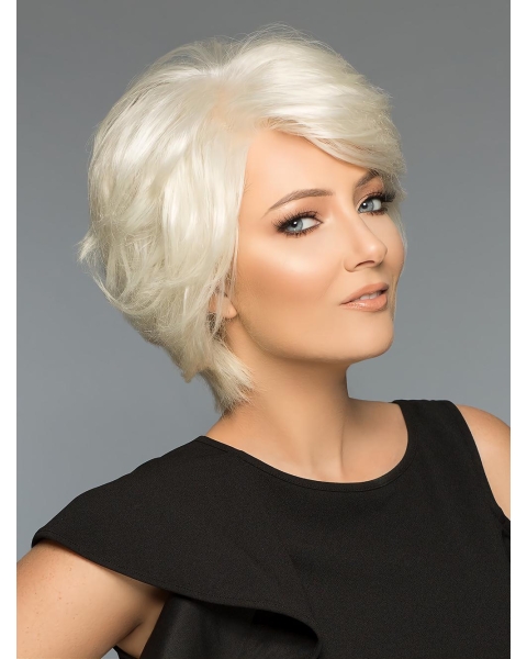 Wavy White Layered Short Monofilament Human Hair Women Wigs