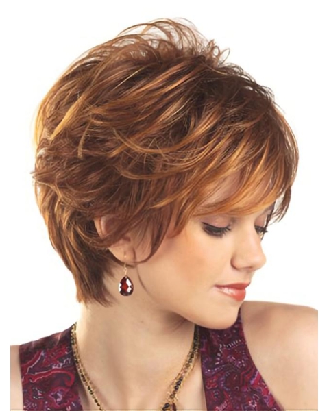 Designed Auburn Wavy Short Capless Petite Synthetic Women Wigs