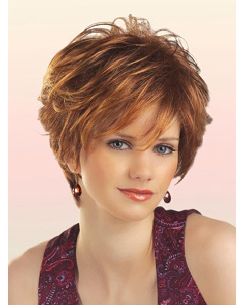 Unique Auburn Wavy Layered Short Capless Synthetic Women Wigs