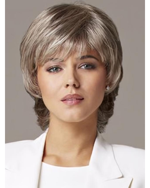  Short Wavy Lace Front Human Hair Grey Lady Wigs