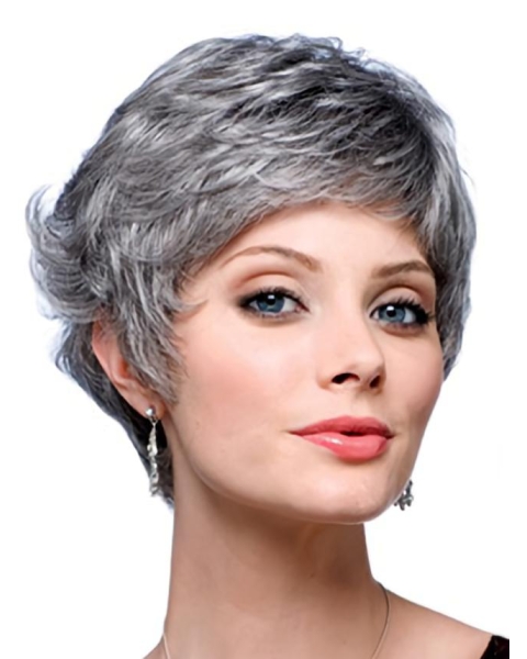 Dip Layered Short Wavy Great Capless Synthetic Grey Lady Wigs