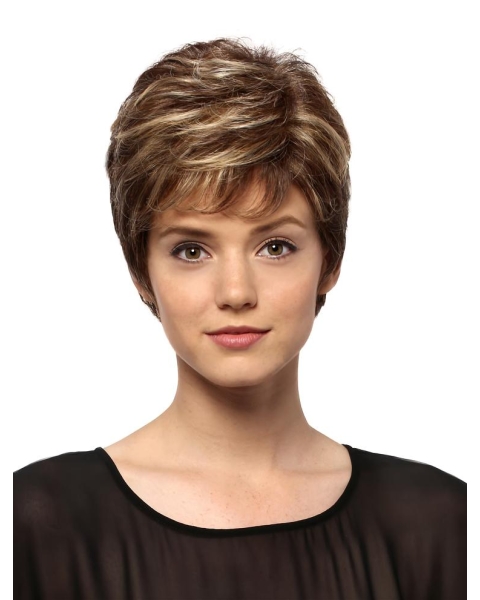 Fantastic Wavy Short Brown Boycuts Monofilament Synthetic Women Wigs