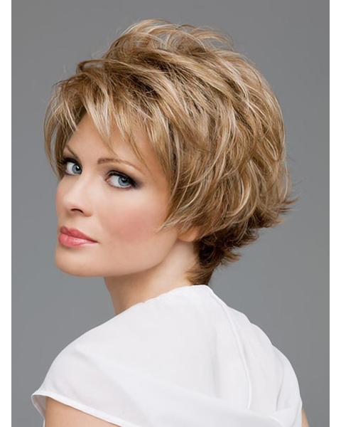  Brown Short Wavy Layered Comfortable Lace Front Human Hair Lady Wigs