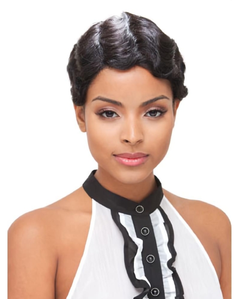 Black Wavy Short Lace Brazilian Remy Human Hair Glamorous  Women Wigs