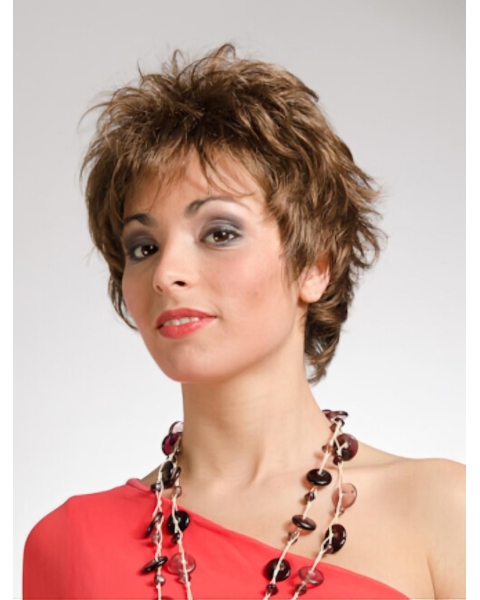 Popular Wavy Short Brown Layered Capless High Quality Synthetic Women Wigs