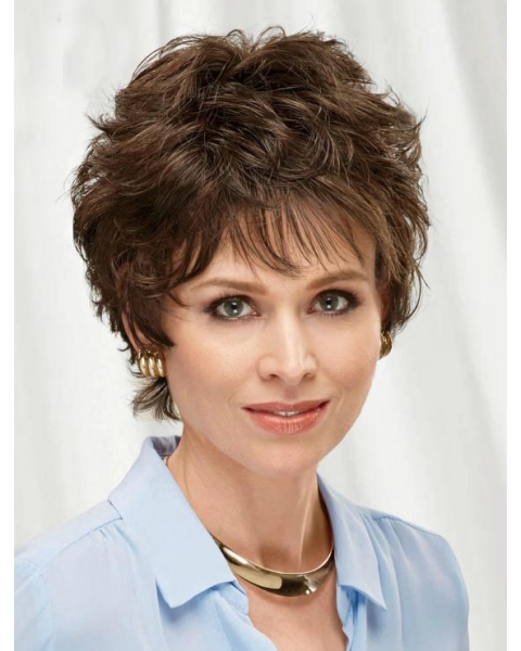 Fabulous Brown Short Wavy Layered Monofilament Synthetic Women Wigs