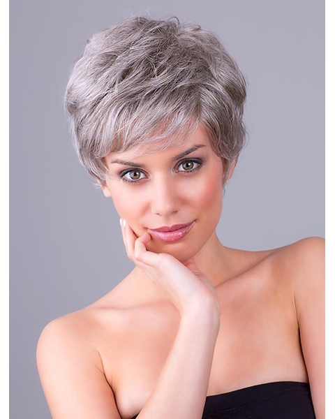 Wavy Short Layered 8" Monofilament Synthetic Grey Women Wigs 