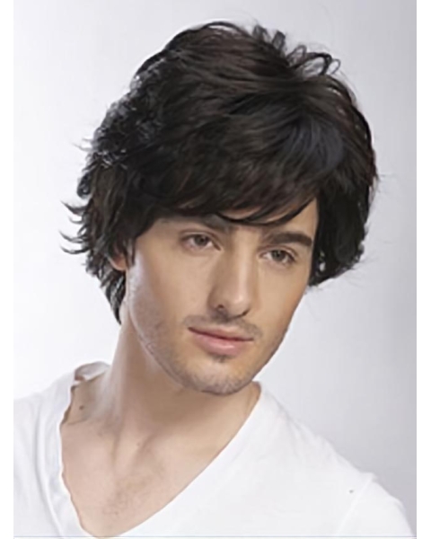 Shining Black Wavy Short Hand-Tied Human Hair Men Wigs