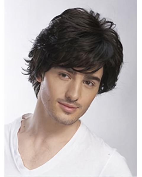 Shining Black Wavy Short Hand-Tied Human Hair Men Wigs