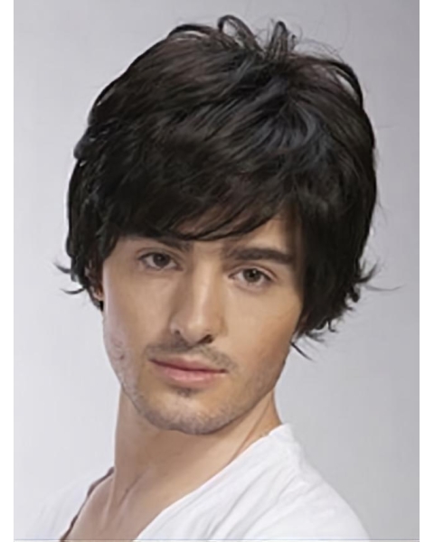 Shining Black Wavy Short Hand-Tied Human Hair Men Wigs