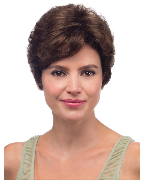 Easeful Brown Short Wavy With Bangs Lace Human Hair Women Wigs