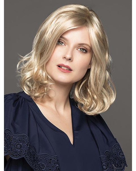 14" Platinum Blonde Shoulder Length Curly Without Bangs Monofilament Synthetic Women Wigs