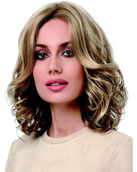 Blonde Shoulder Length  Curly  Without Bangs Lace Front Synthetic  Medium Length Women Wigs