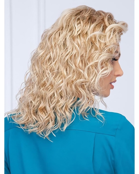 Blonde Monofilament Shoulder Length  Curly Without Bangs Synthetic Women Wigs