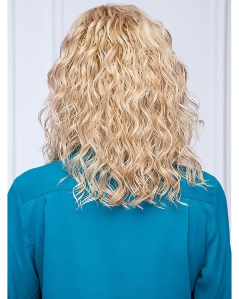 Blonde Monofilament Shoulder Length  Curly Without Bangs Synthetic Women Wigs