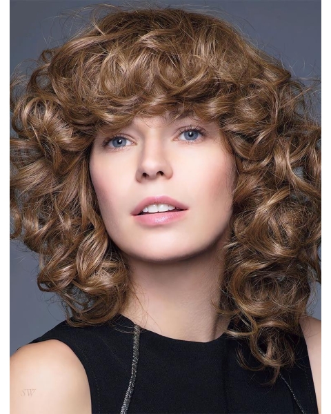 Curly Brown 14" Shoulder Length 100% Hand-tied Synthetic Women Wigs