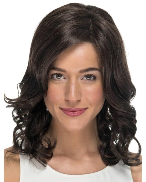 Black Curly Shoulder Length Without Bangs  14" Monofilament Synthetic Wigs For Cancer Patients