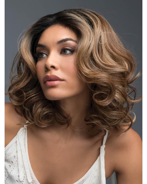 Brown Curly Shoulder Length Layered Lace Front Synthetic Women Wigs