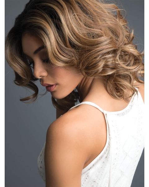 Brown Curly Shoulder Length Layered Lace Front Synthetic Women Wigs