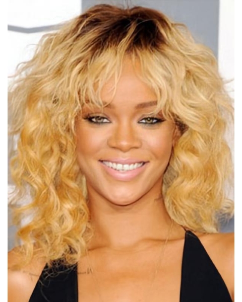 Discount Blonde Curly Shoulder Length Capless Synthetic Women Celebrity Wigs