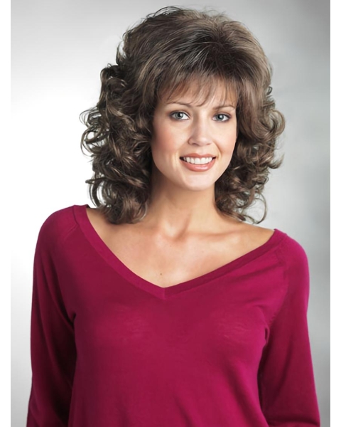 Brown Curly Shoulder Length Capless Classic Synthetic Women Wigs