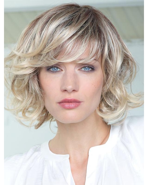 Fabulous Blonde Shoulder Length Curly With Bangs Human Hair Popular Women Wigs