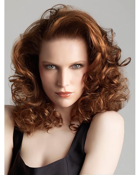 Fabulous Auburn Curly Shoulder Length Hand-Tied Synthetic Women Celebrity Wigs