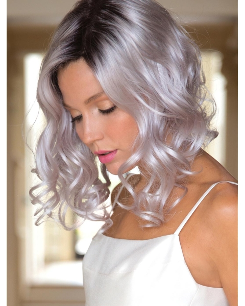 Fashional White Shoulder Length Curly Capless Synthetic New Design Grey Women Wigs