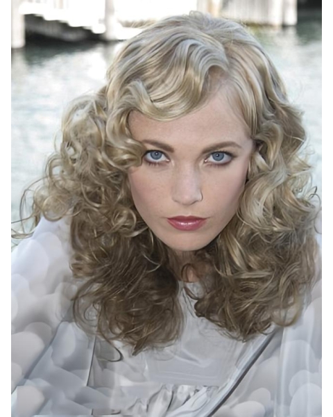 Young Fashion  Shoulder Length Curly Lace Front Human Hair Grey Women Wigs