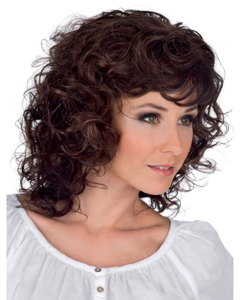 Faddish Brown Curly Shoulder Length Layered Mono Classic Synthetic Women Wigs