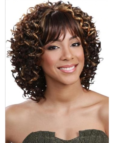 Glamorous Brown Curly Shoulder Length Capless Human Hair Wigs & Half Wigs