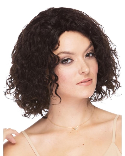 Faddish Brown Curly Shoulder Length Capless Human Hair Women Wigs